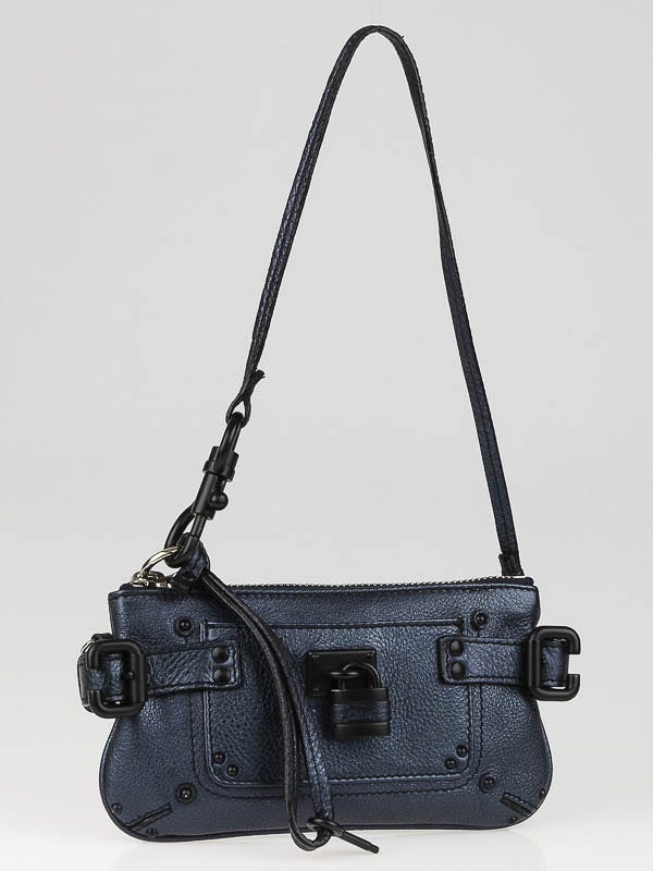 Chloe Bleu Nuit Metallic Leather Mini Paddington Clutch Bag