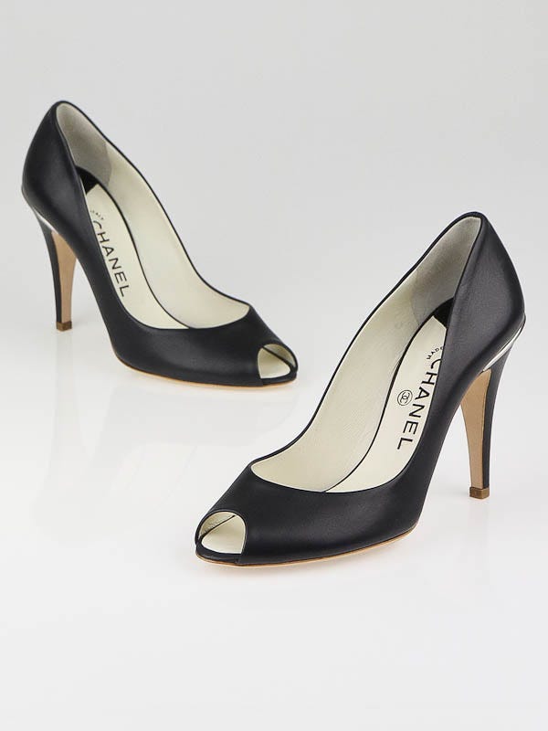 Chanel Black Leather Peep Toe Pumps Size 8.5/39