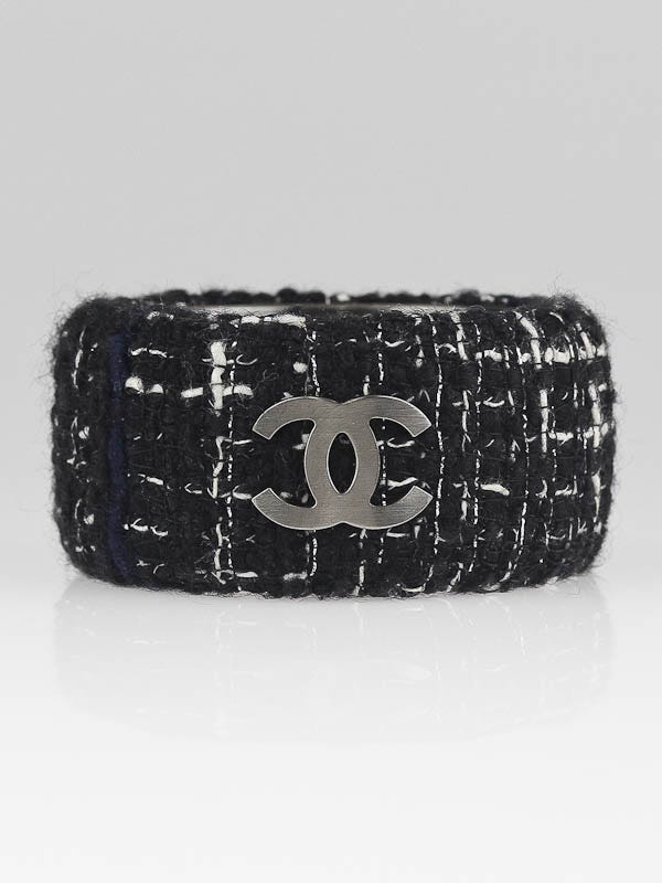 Chanel Black/White Wool Tweed CC Wide Bangle Bracelet
