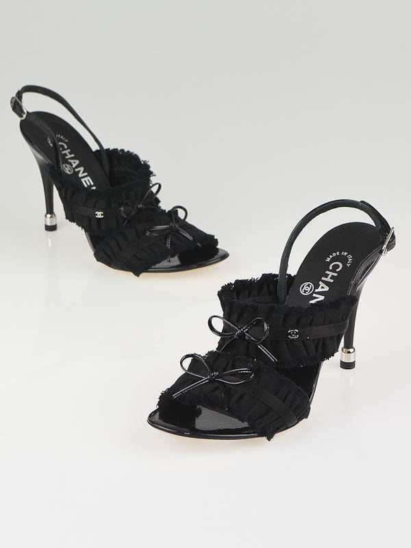 Chanel Black Grosgrain Canvas Bow Slingback Sandals Size 6.5/37