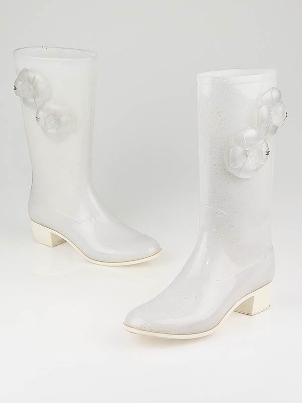 Chanel White Glitter Rubber Camellia Flower Rain Boots Size 9.5/40