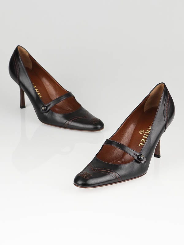 Chanel Black Leather Mary-Jane Pointed Toe Pumps Size 7.5/38
