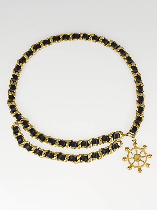 Chanel Black Leather Gold Chain Braided Leather CC Logo Charm Belt