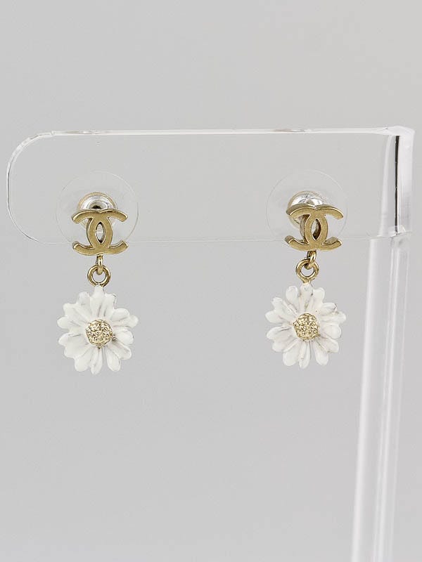 Chanel Gold/White CC Logo and Flower Drop Earrings
