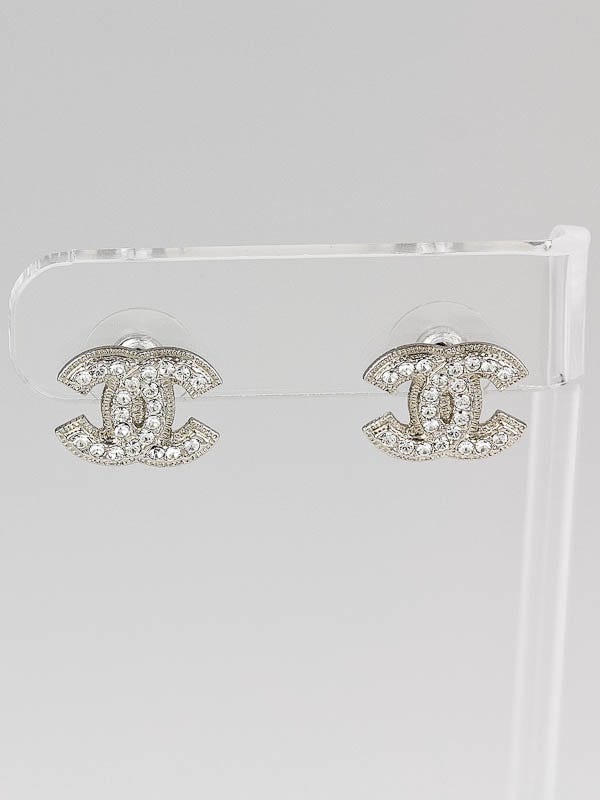 Chanel Silver CC Logo Crystal Stud Earrings