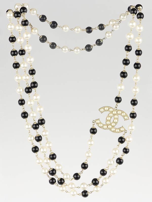 Chanel Black and White Beaded Chain CC Long Necklace