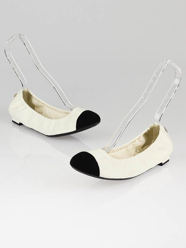 Chanel White Leather Black Suede Cap-Toe Elastic Ballet Flats Size 8.5/39 -  Yoogi's Closet