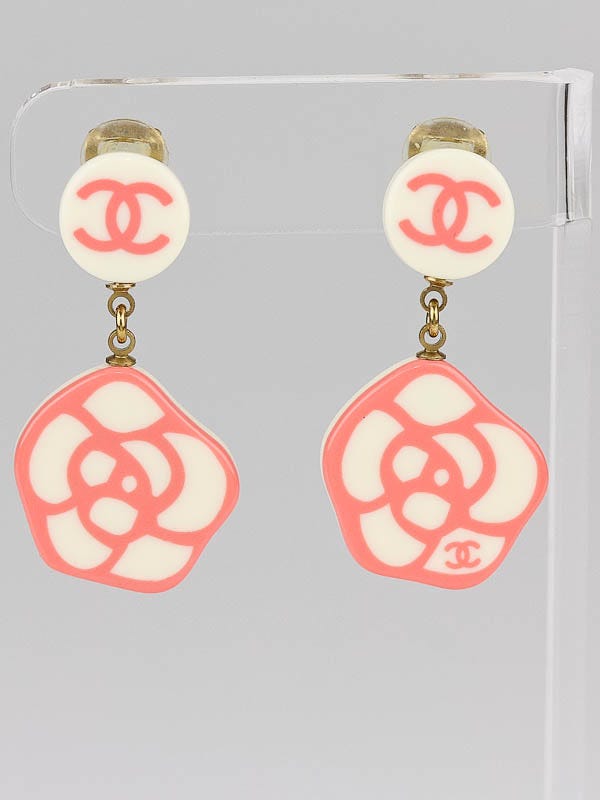 Chanel Pink/White Resin Camellia Clip-On Drop Earrings