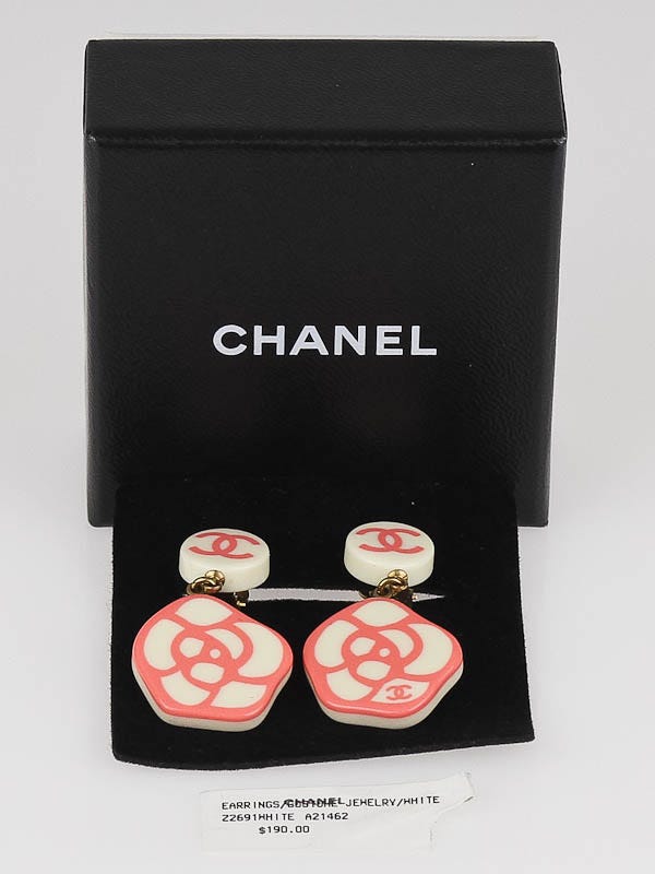 Chanel Pink/White Resin Camellia Clip-On Drop Earrings - Yoogi's Closet