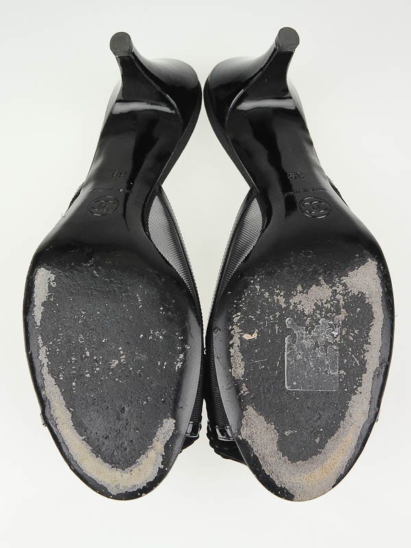 Chanel Black Leather and Mesh Camellia Slide Mules Size 8.5