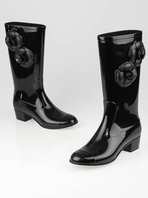 Chanel Black Rubber Camellia Flower Rain Boots Size 6.5/37