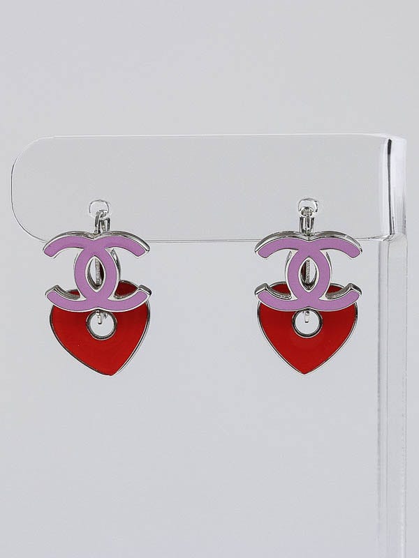 Chanel Purple/Red Resin Heart CC Drop Earrings