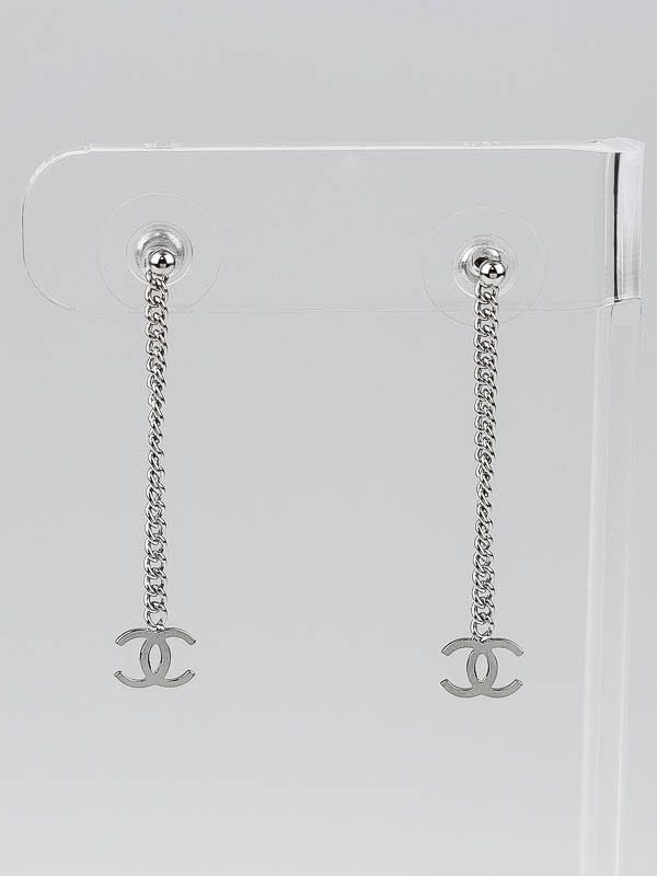Chanel Silver/Blue CC Logo Drop Earrings - Yoogi's Closet