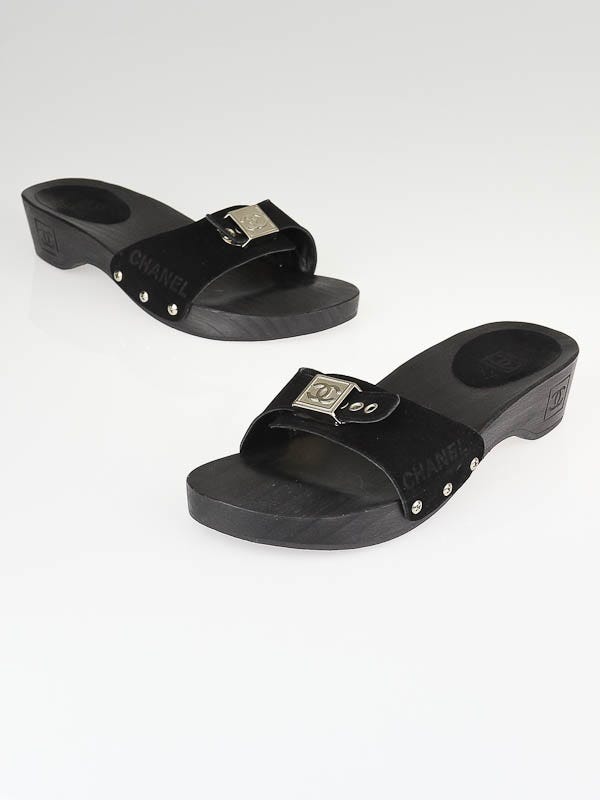Chanel Black Suede Wood Slide Mules Size 6.5/37