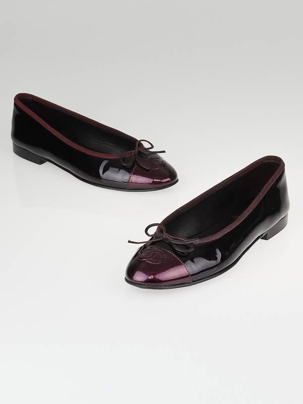 Chanel Bordeaux/Dark Purple Patent Leather CC Cap-Toe Ballet Flats Size 7.5/38