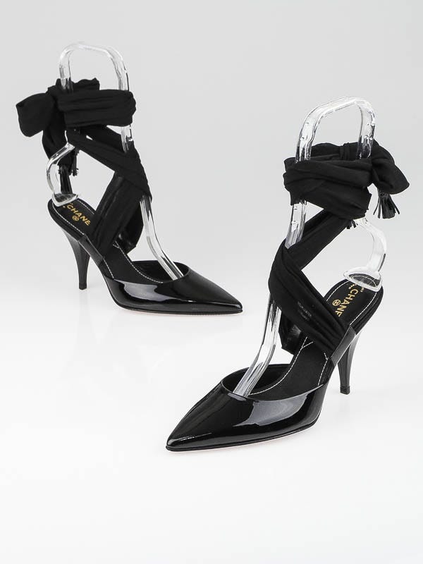 Chanel Black Patent Leather Ankle Wrap Heels Size 5/35.5