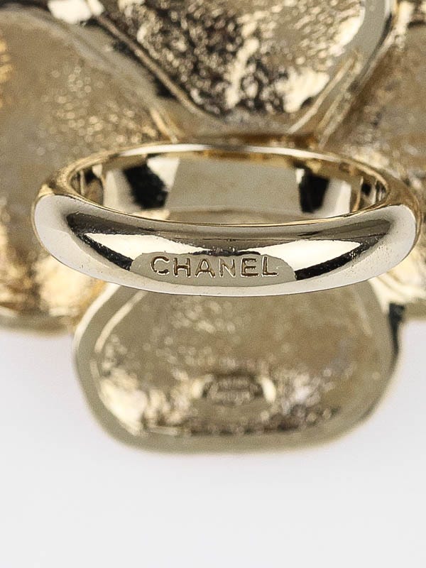 Chanel Pink/Gold Enamel Camellia Flower Cocktail Ring Size 6.5