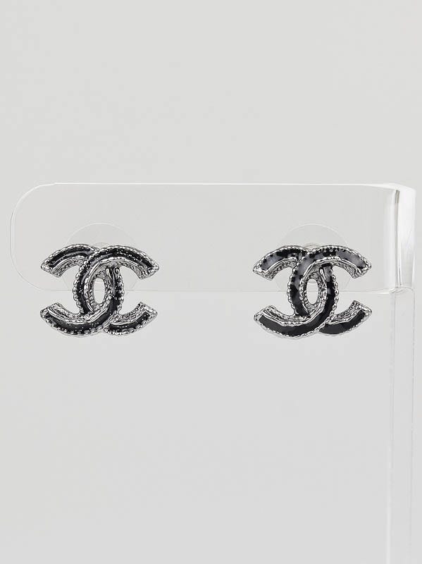 Chanel Black Resin and Metal CC Logo Stud Earrings - Yoogi's Closet