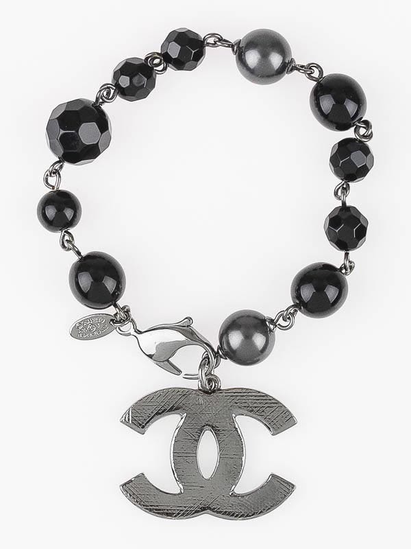Chanel Black/Gray Beaded Logo Charm Bracelet