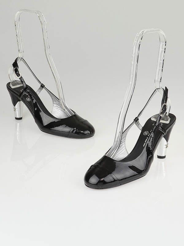 Chanel Black Patent Leather Slingback Heels Size 7.5/38