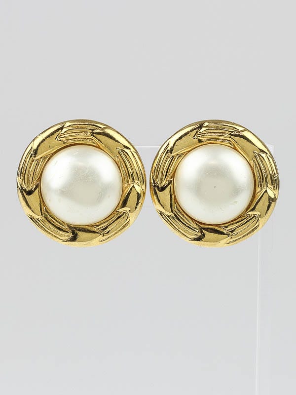 Chanel Faux Pearl Gold Disc Clip-On Earrings