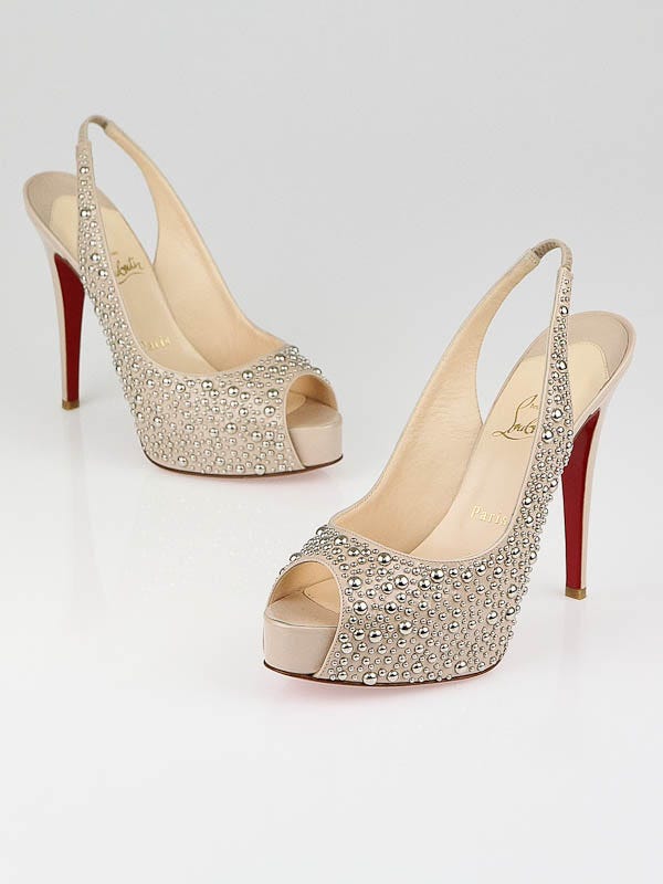 Christian Louboutin Nude Patent Leather Studded Star Prive 120 Slingback Pumps Size 8.5/39