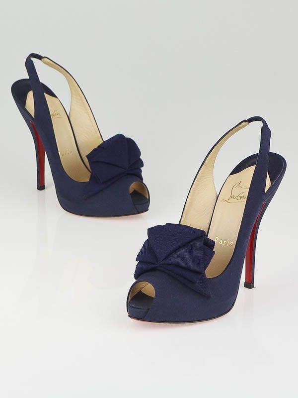 Christian Louboutin Navy Crepe Satin Miss Chacha 120 Slingback Pumps Size 6.5/37