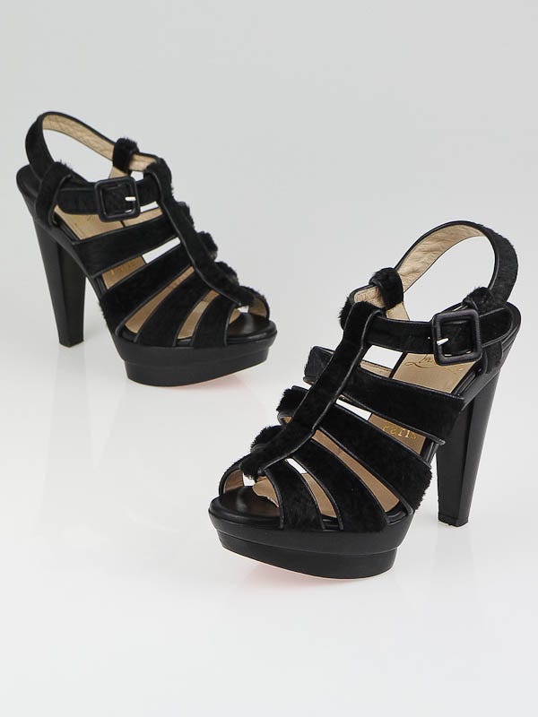 Christian Louboutin Black Faux Pony Hair and Leather Bouclette Strappy Sandals Size 6/36.5