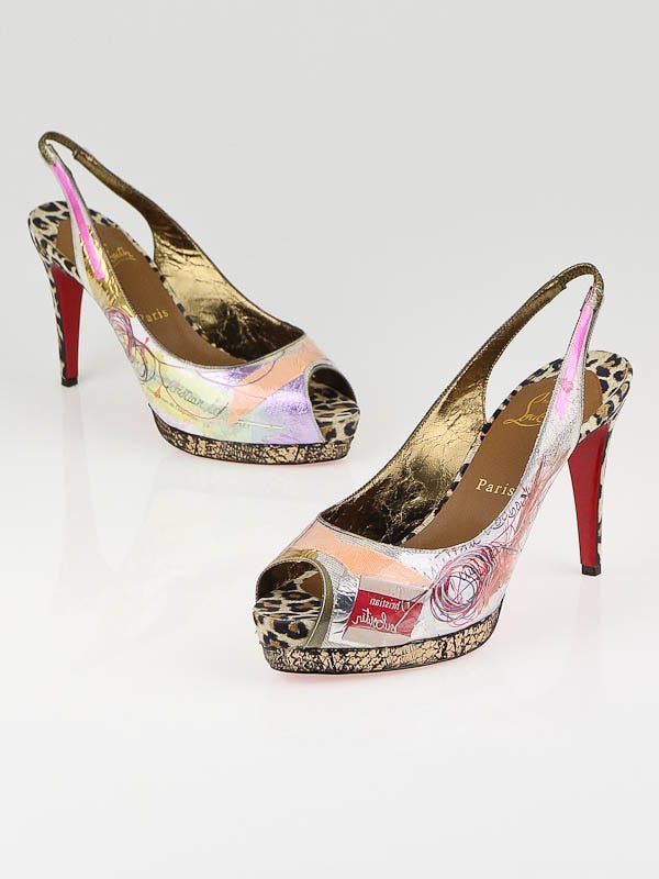 Christian Louboutin Leopard PVC/Suede Winter Trash 100 Peep Toe Slingback Pumps Size 8/38.5