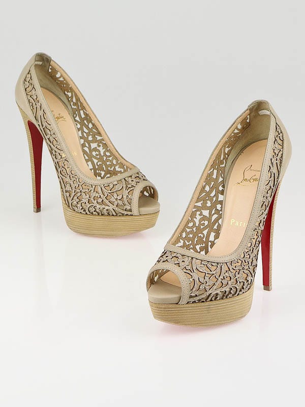 Christian Louboutin Beige Laser-Cut Leather Pampas 150 Peep Toe Pumps Size 7.5/38