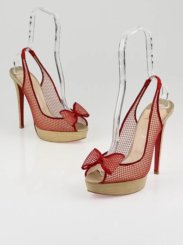 Christian Louboutin Red Fishnet Bow Exclu 140 Slingbacks Size 11