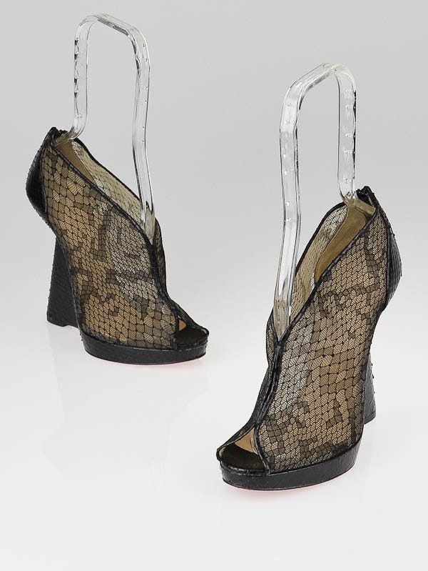 Christian Louboutin Black Lace and Python Janet 120 Wedges Size