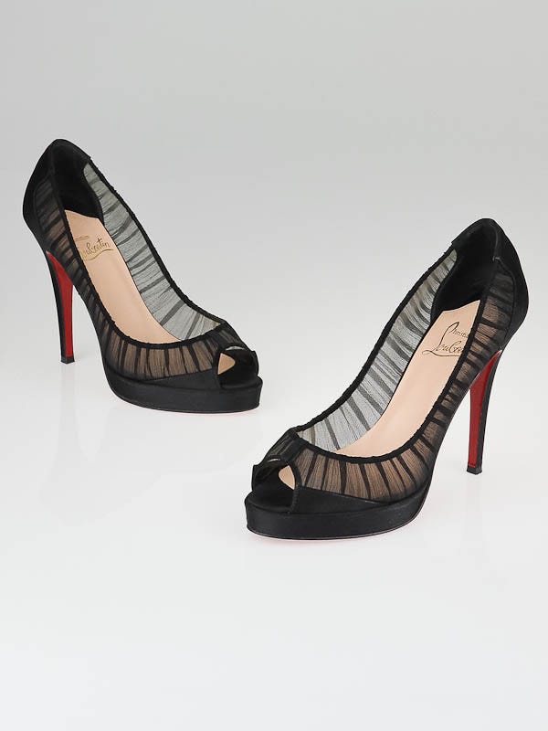 Christian Louboutin Black Satin Mouche Zeppa 120 Peep Toe Pumps Size 7/37.5