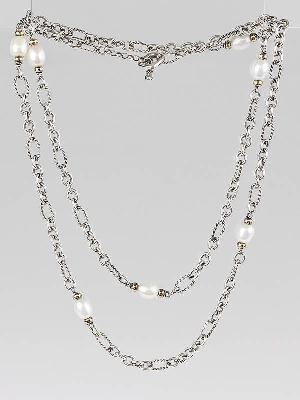 David Yurman Sterling Silver and Pearl Figaro Chain Long Necklace
