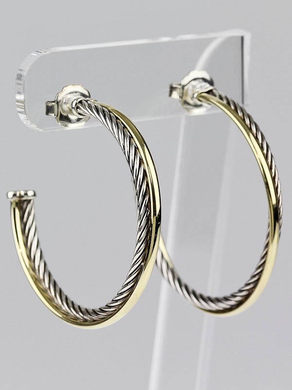 David Yurman 18k Gold and Sterling Silver Cable Crossover Medium Hoop Earrings