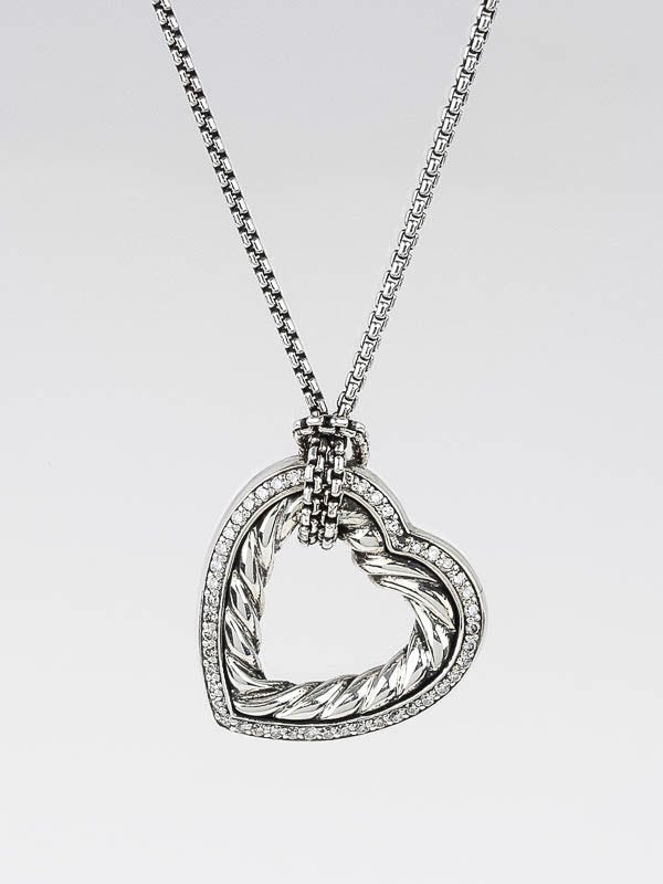 David Yurman Sterling Silver Cable and Diamond Cable Heart Pendant Necklace