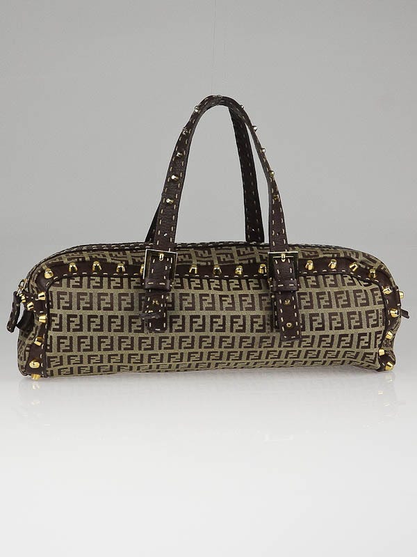Fendi Brown Zucchino Canvas and Selliera Leather Studded Satchel Bag