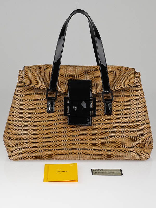 Fendi Beige/Black Woven Patent Leather Forever Large Tote Bag