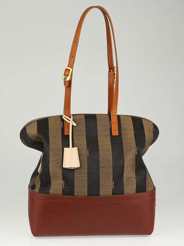 Fendi Tobacco Pequin Striped Canvas 2-Way Shopper Tote Bag