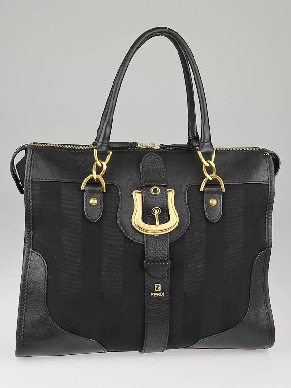 Fendi Black Pequin Stripe Canvas and Leather Doctor B Tote Bag - 8BN198