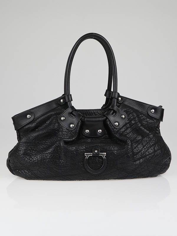 Salvatore Ferragamo Black Pebbled Calf Leather Celtico Tote Bag