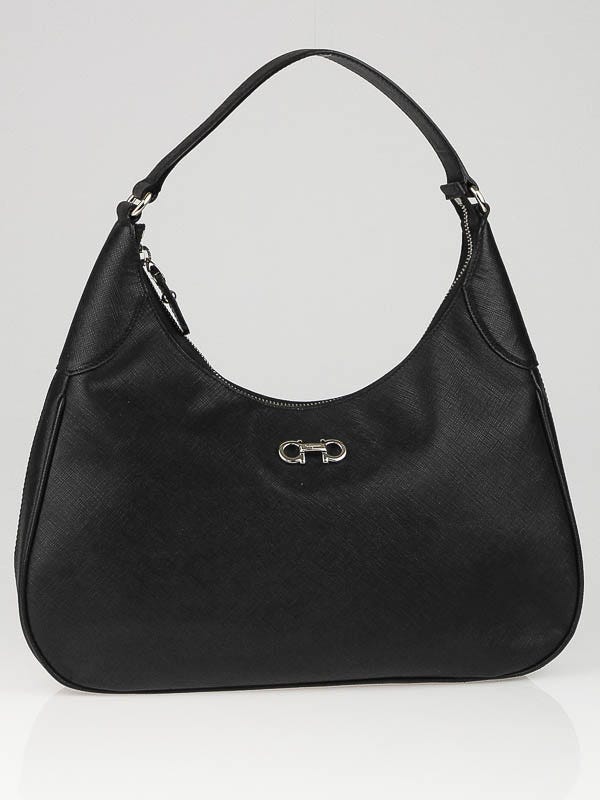 Salvatore Ferragamo Black Pebbled Calf Leather Romana Hobo Bag