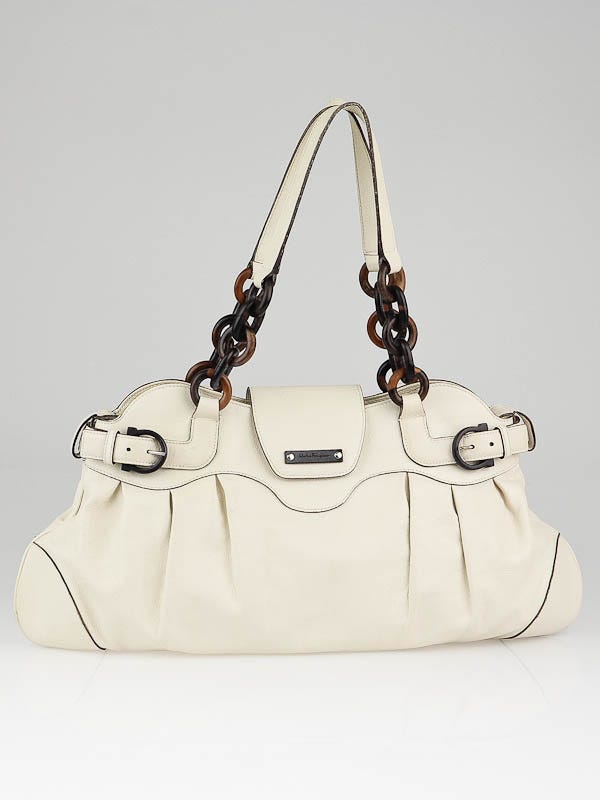 Salvatore Ferragamo White Leather and Wood Satchel Bag