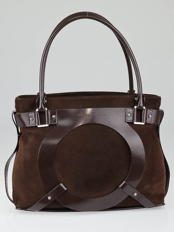 Authentic Salvatore Ferragamo Chain Tote Bag - Brown Leather - Large