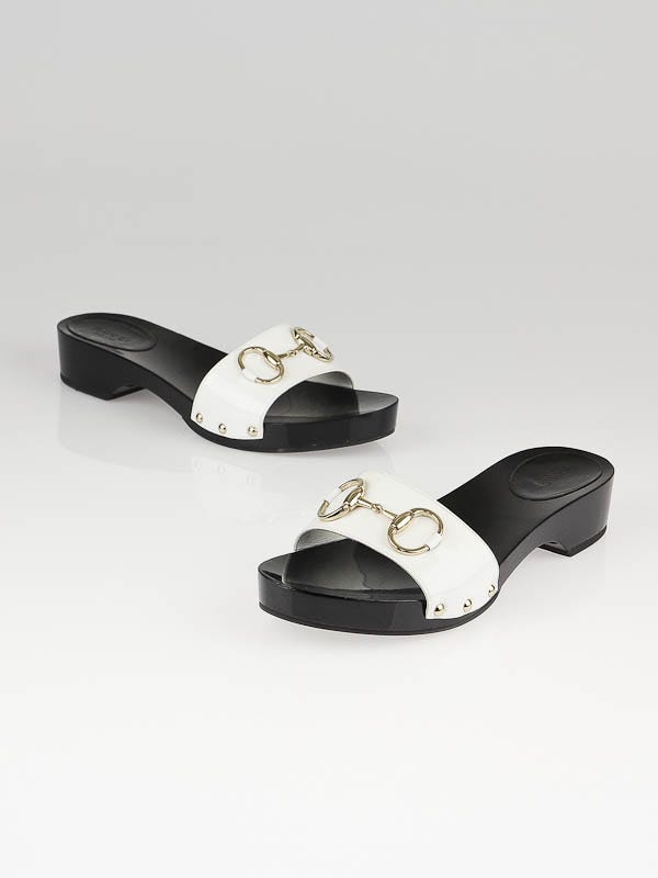 Gucci White Patent Leather Horsebit Wooden Slides Size 7.5/38