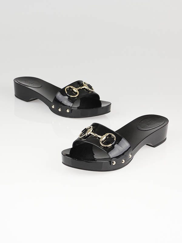 Gucci Black Patent Leather Horsebit Wooden Slides Size 7.5/38