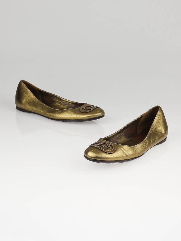 Gucci Bronze Leather GG Ballerina Flats Size 8.5