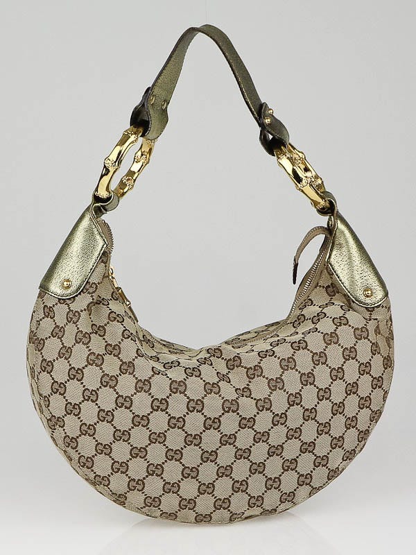 Gucci Beige GG Canvas Bamboo Ring Medium Hobo Bag
