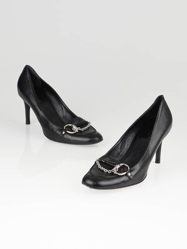 Gucci Black Leather Horesbit Chain Loafer Pumps Size 7B