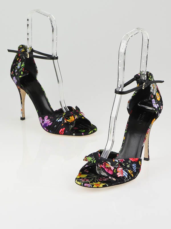 Gucci Black Floral Silk Ankle-Strap Sandals Size 9.5B